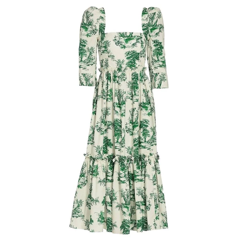 Cara Cara Blue Hill Toile Midi Dress Size 10 Green Botanical Cotton Garden Party - Picture 4 of 15